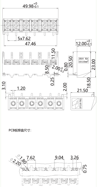 柵板式端子臺(tái)GT2.5-762-06P圖紙